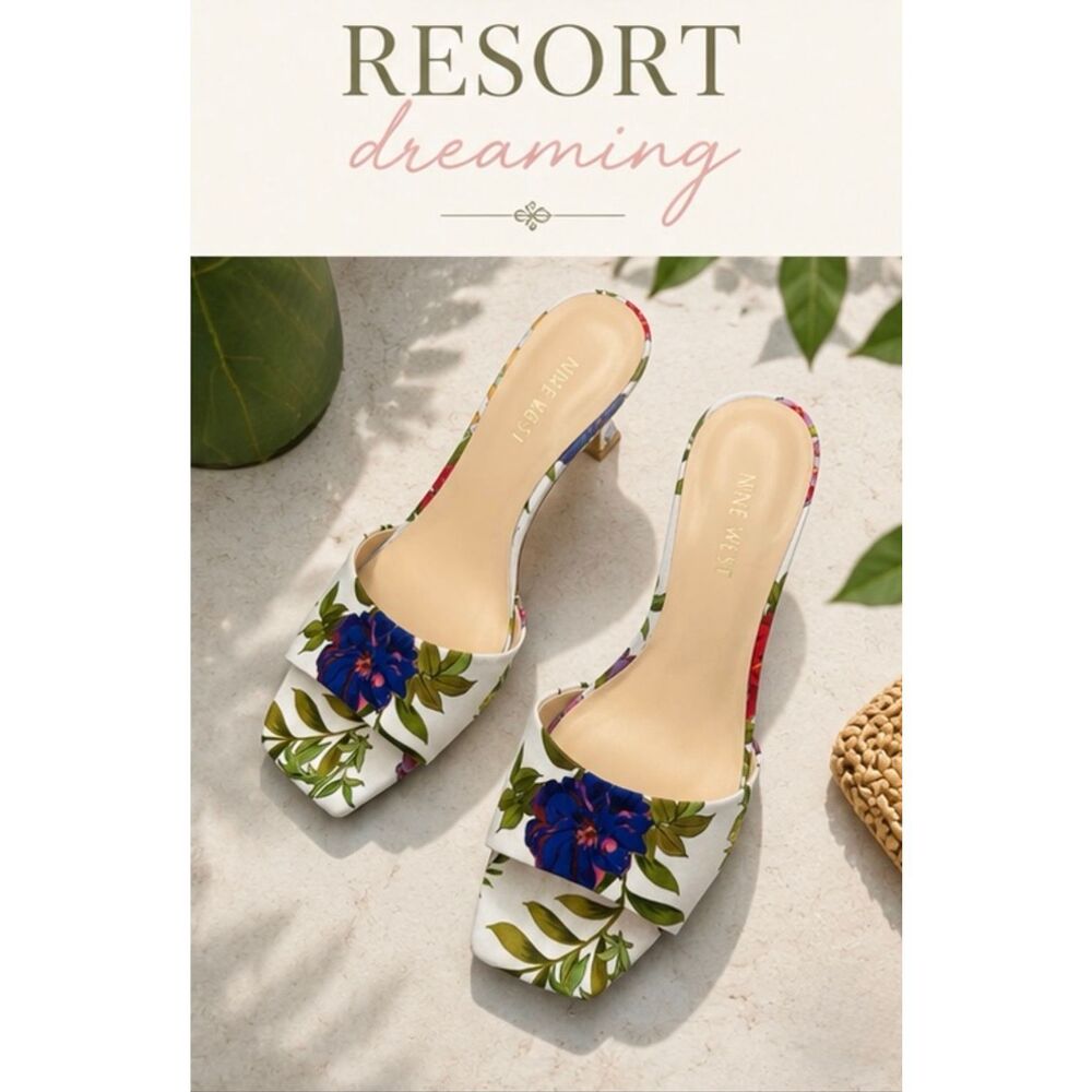 Nine West Winny Floral Kitten Heel Slide Sandals White Textile Square Toe 8M